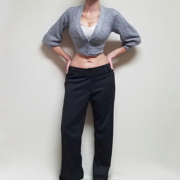 VINTAGE 90s Dori Goth Black White Pinstripe Stretchy Flare Wide Leg Trousers - Picture 2 of 11